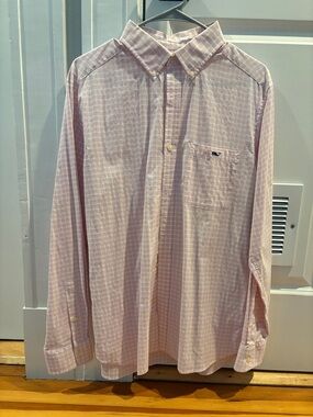 Men's Med Pink Button-Down Check Shirt Performance fabric.